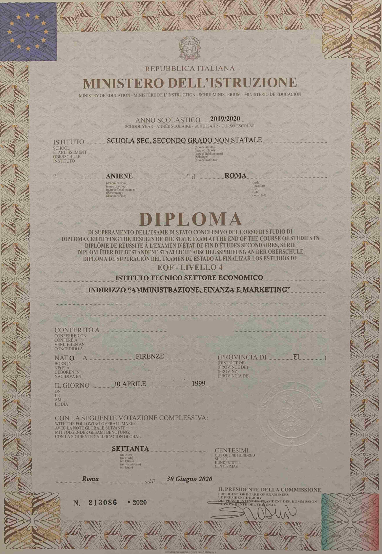 A high school diploma from the Italian Ministry of Education to be translated into English, along with the relevant transcripts for a year abroad in the U.S.