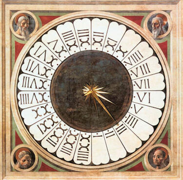 The large clock with Roman numerals inside Florence's cathedral in Italy. It is the oldest operating mechanical clock which has been reliably measuring time from sunset to sunset since it was painted by Paolo Uccello in 1433.