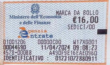 An Italian revenue stamp (marca da bollo) of 16.00 Euro required by Italian law to pay the taxes on a court-certified English to Italian Translation.