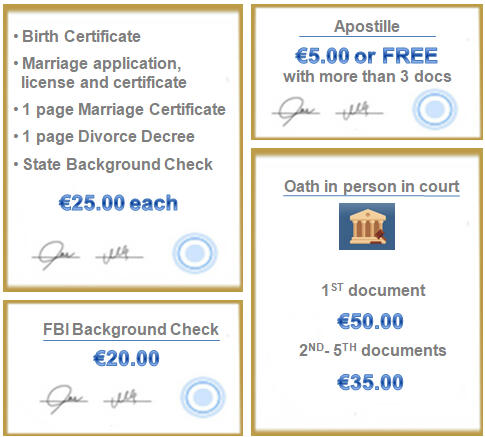 LIMITED TIME PROMOTION on Sworn Court-Certified (Traduzioni Giurate) Italian Translations - Legal translation of one page records from 20.00 to 25.00 euro each / oath in court 50.00 euro (35 euro for multiple documents).